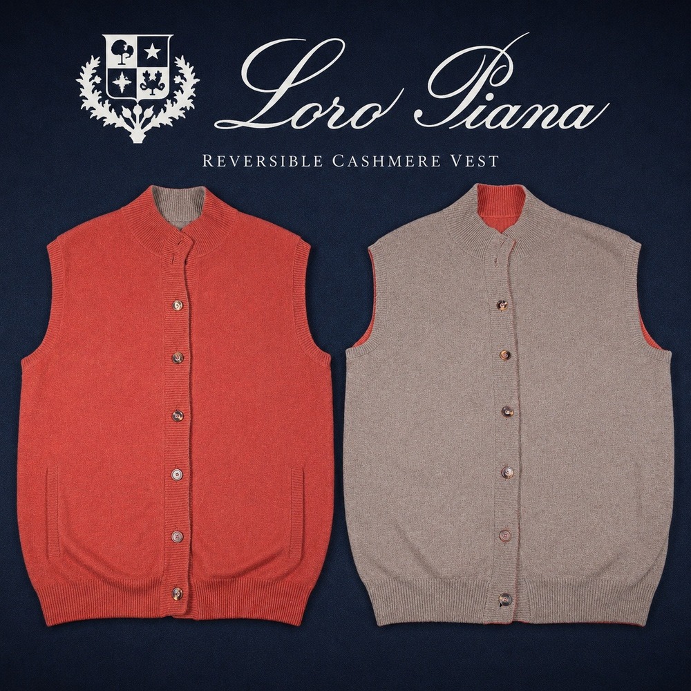Loro Piana Reversible Knit Vest Mens XL Burnt Orange Taupe Brown 100% Cashmere